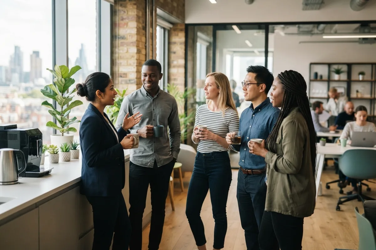 People standing in a modern UK office lounge chatting over coffee during a morning networking event.