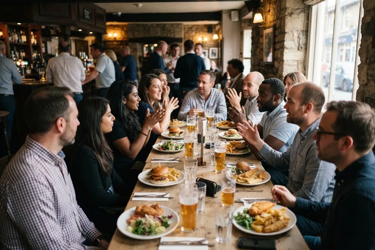 Professionals seated at a long wooden table in a brightly lit restaurant sharing a meal.