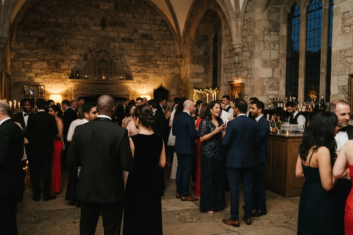 Guests in elegant evening wear socializing in a softly lit historic hall in the UK.