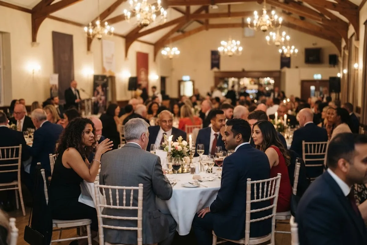 An elegant ballroom filled with round tables and people talking under warm decorative lighting.